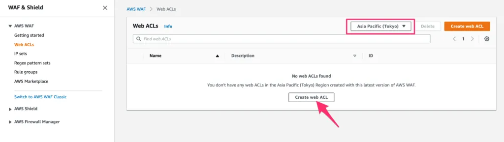 AWS WAFのコンソールでWeb ACLの作成を開始する画面