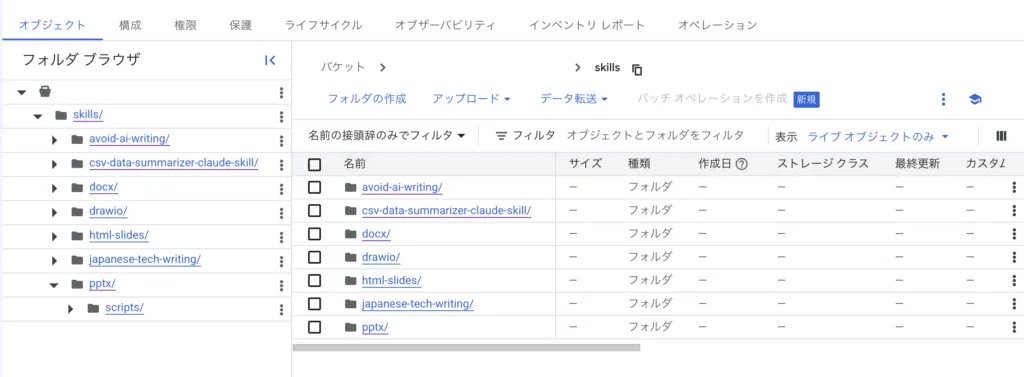 解決策：Google Cloud Storage（以下、GCS）にアップロードしてデータストアからスキルを呼び出すの画面（1）