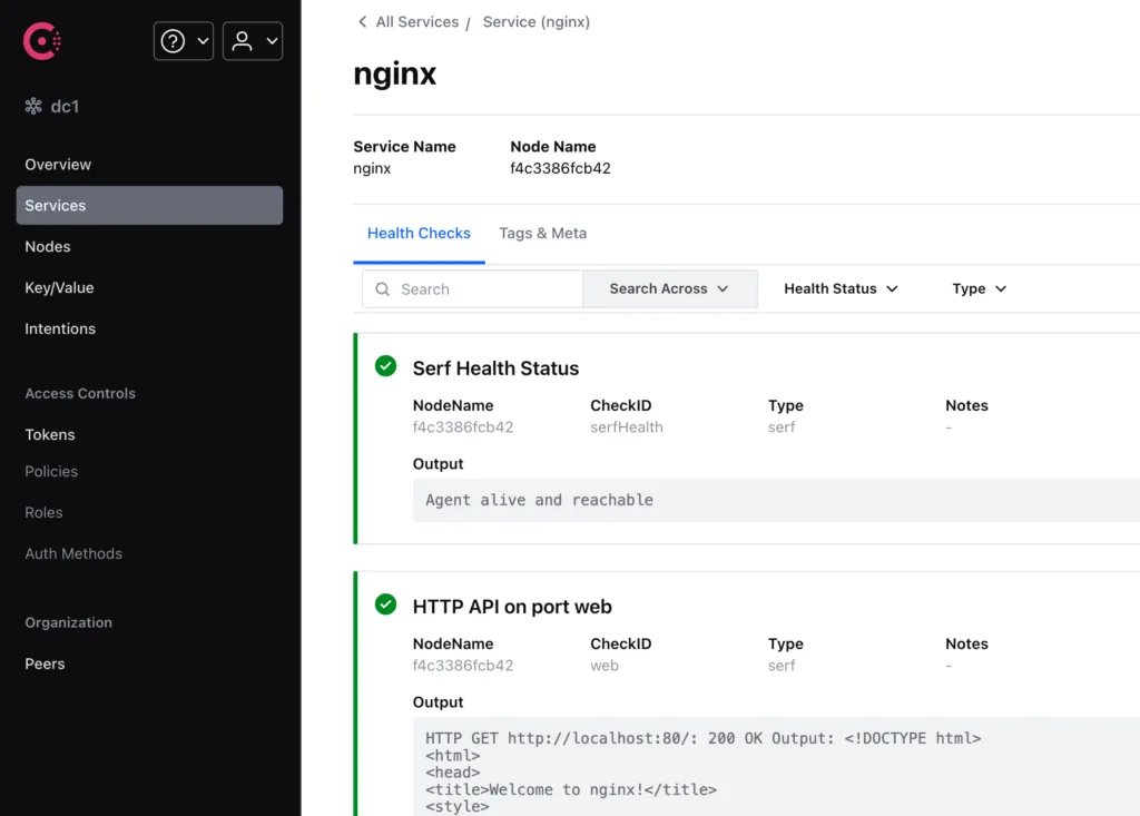 Consul UIでnginxサービスとヘルスチェックを確認する画面