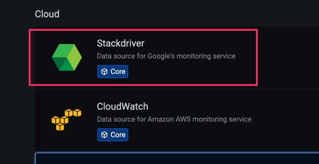 Grafanaのデータソース一覧からStackdriverを選択する画面