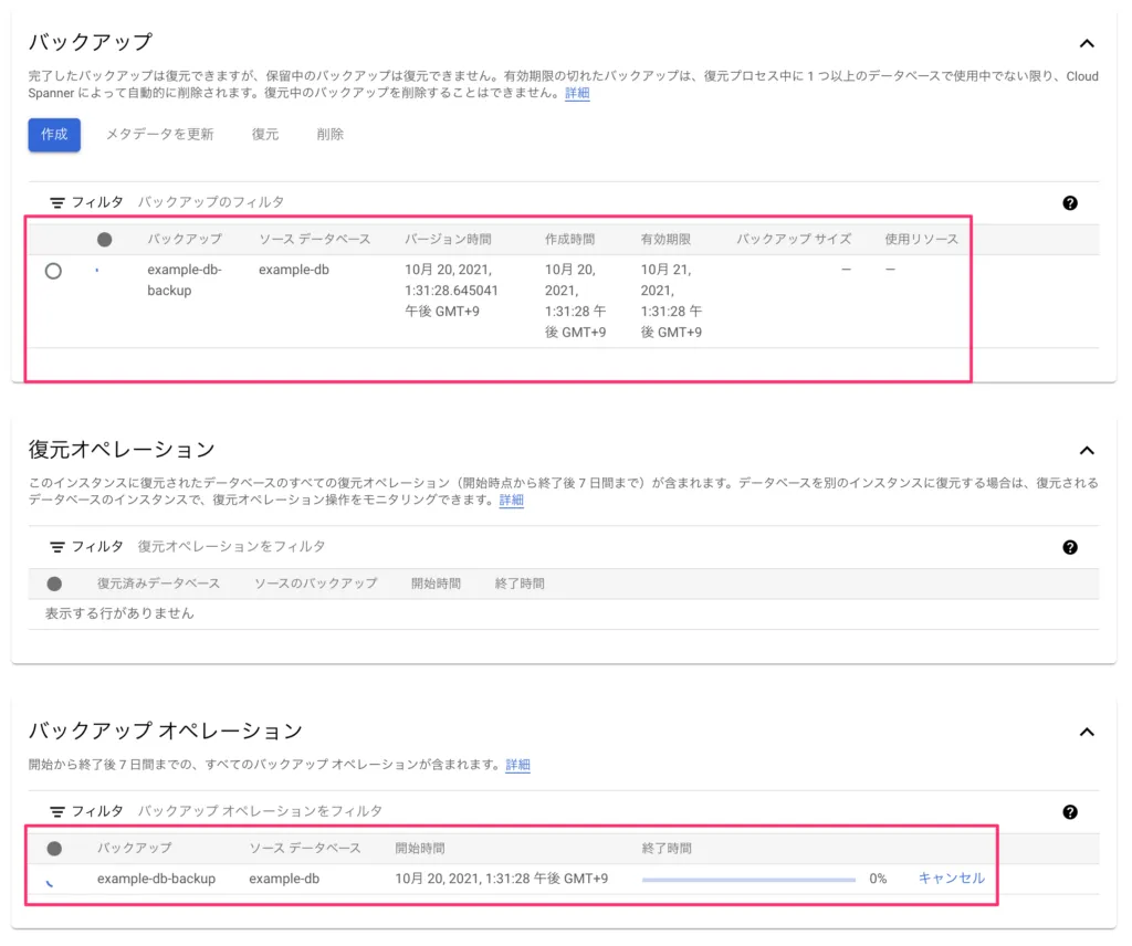 Cloud Spannerでバックアップ作成が進行中の画面