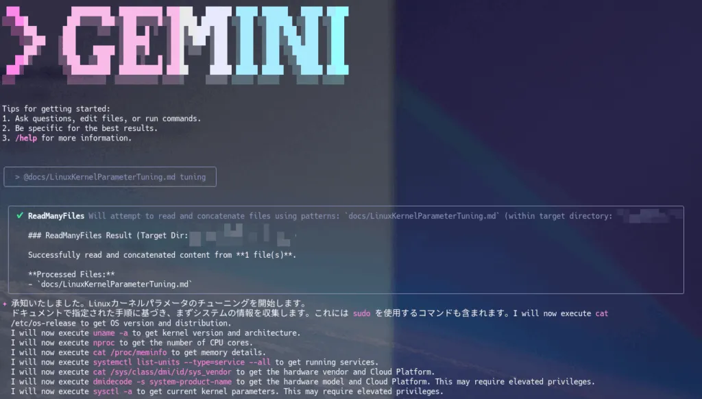 Gemini CLIがLinuxカーネルパラメーターチューニング資料を読み込む画面