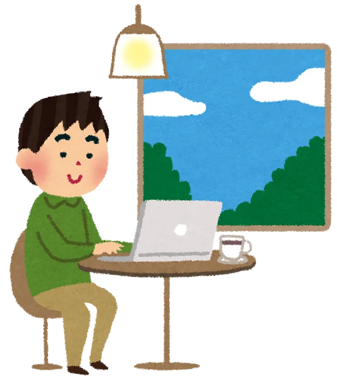 自宅でオンライントレーニングを受ける人物のイラスト