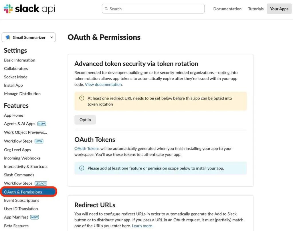 Slack App OAuth &amp; Permissions