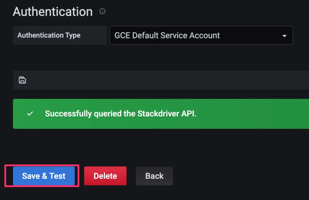 GrafanaでStackdriverデータソースの接続テストに成功した画面
