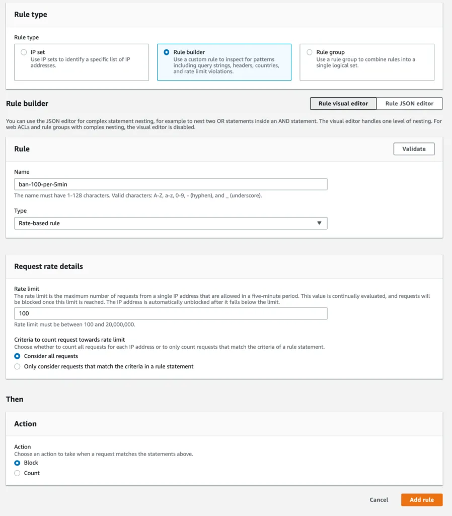 AWS WAFで5分間に100アクセスしたIPをブロックするレートベースルールの設定
