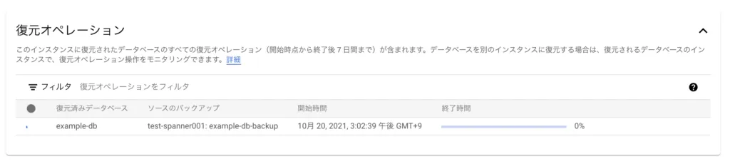 Cloud Spannerのバックアップから別のインスタンスへ復元する画面