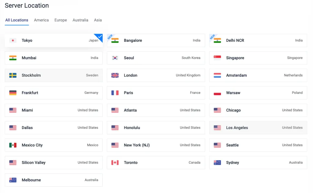 Server Locationの画面
