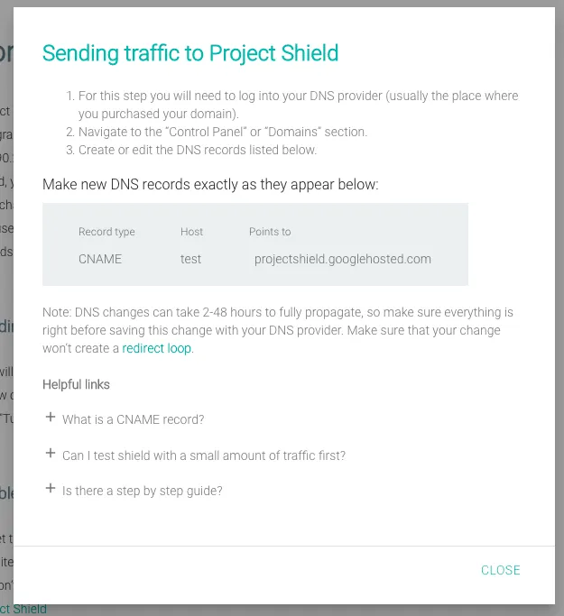 Project Shieldへトラフィックを送るためのDNS設定案内