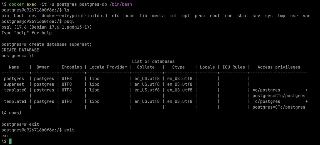 Superset 用のデータベース作成の画面