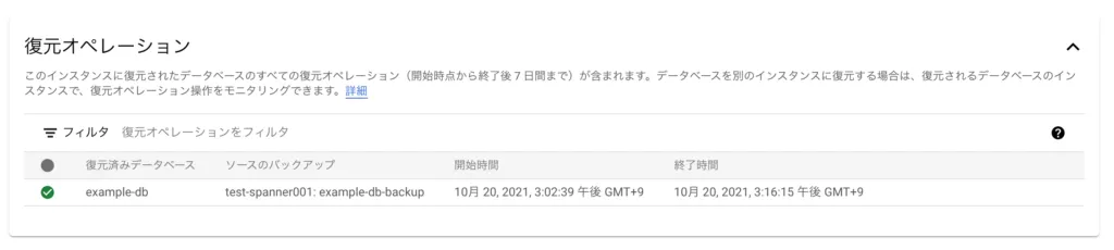 Cloud Spannerのバックアップからの復元が完了した画面