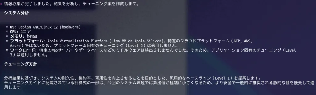 Gemini CLIによるDebian仮想マシンのシステム分析とチューニング方針