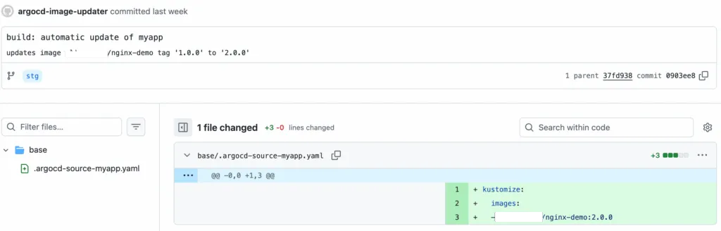 Argo CD Image Updaterがイメージタグを1.0.0から2.0.0へ自動更新したGitHubコミット