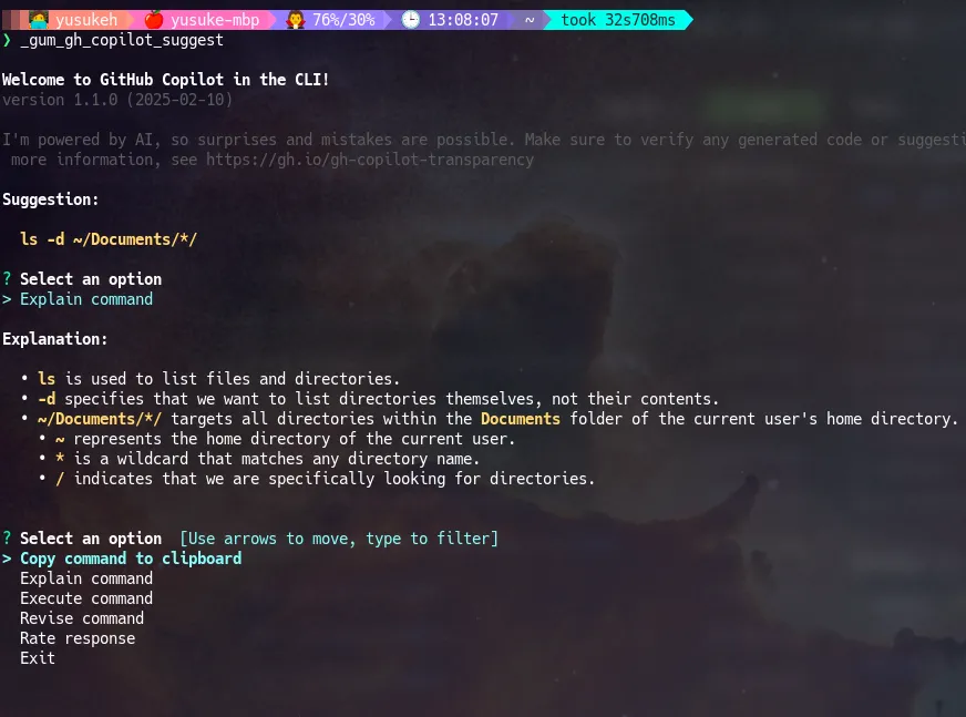 gh copilotのメニューが出るのでExplainして貰いましょうの画面（2）