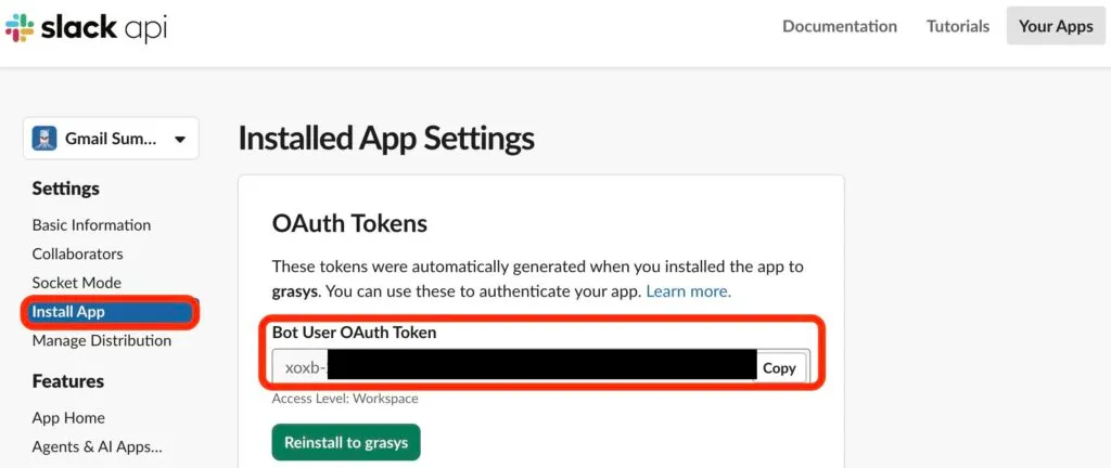 Copy Slack Bot User OAuth Token