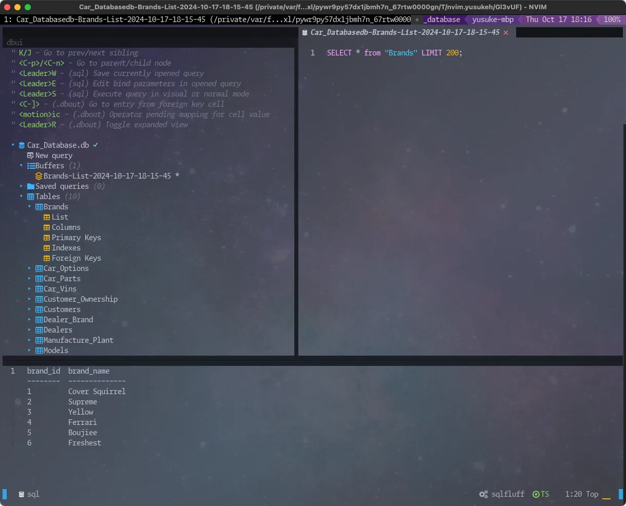 vim-dadbod-uiのクエリエディターでSQLを実行する画面