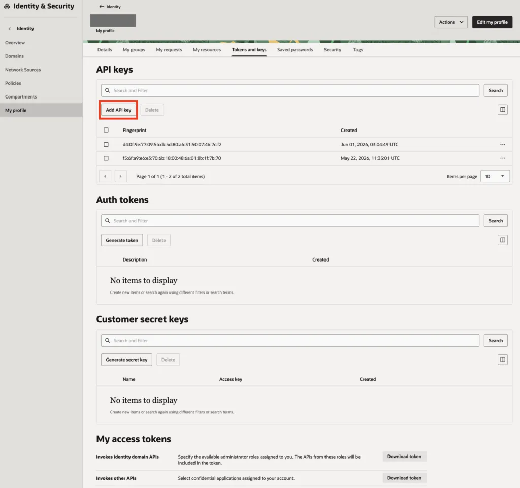 作成した Key-pair の Public Key を OCI コンソールのユーザ「My Profile」に登録（1）