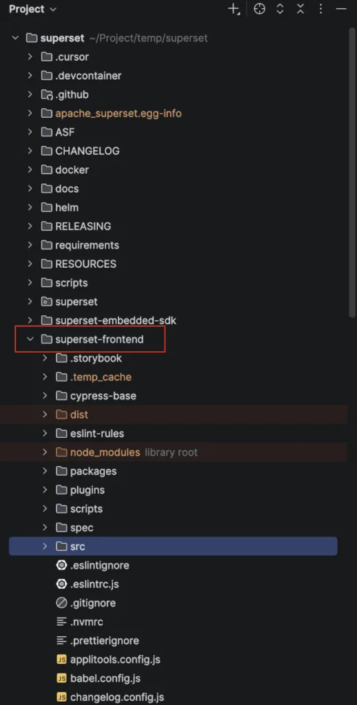 Supersetのフロントエンドソースコードがあるsuperset-frontendフォルダー