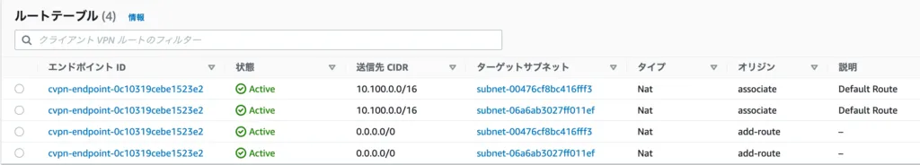 ルートテーブルの設定の画面（1）