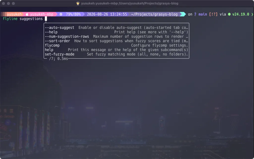 WezTermでflyline suggestionsの補完候補を表示した画面