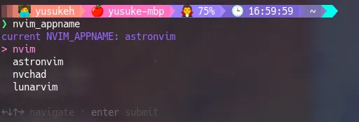 nvim_appname関数で利用するNeovim設定を選択する画面