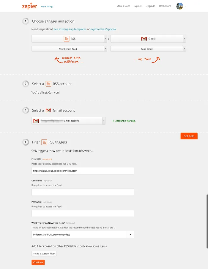 Google Cloud Service HealthのRSS更新をGmailへ送信するZapierの設定画面