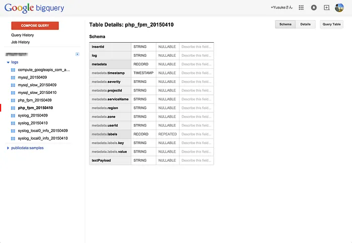 Cloud LoggingからBigQueryへ出力された日付別ログテーブル