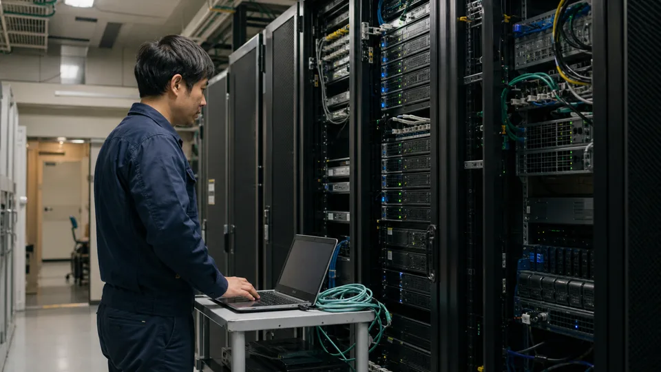 サーバーラックを点検するインフラエンジニアのイメージ