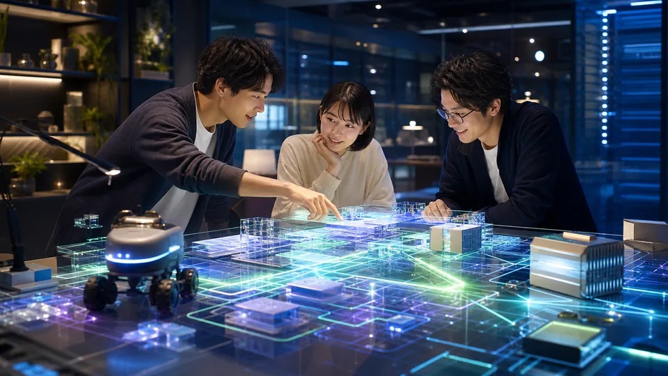 先進的なシステム設計を囲んで学び合うエンジニアチームのイメージ
