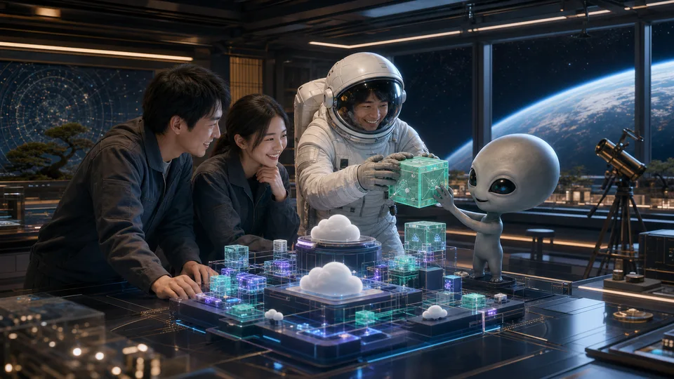 宇宙飛行士とディフォルメしたグレイタイプの宇宙人を交えてシステム構成を検討するチームのイメージ