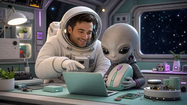 宇宙飛行士とディフォルメしたグレイタイプの宇宙人が一緒にパソコンを操作するイメージ
