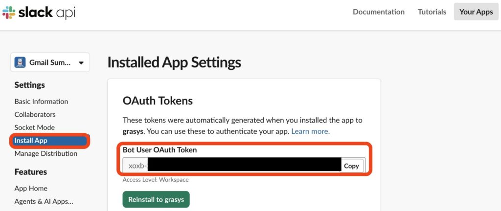 Copy Slack Bot User OAuth Token