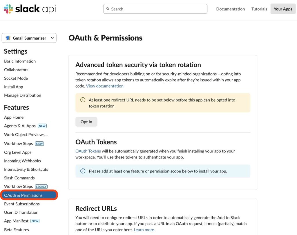 Slack App OAuth & Permissions