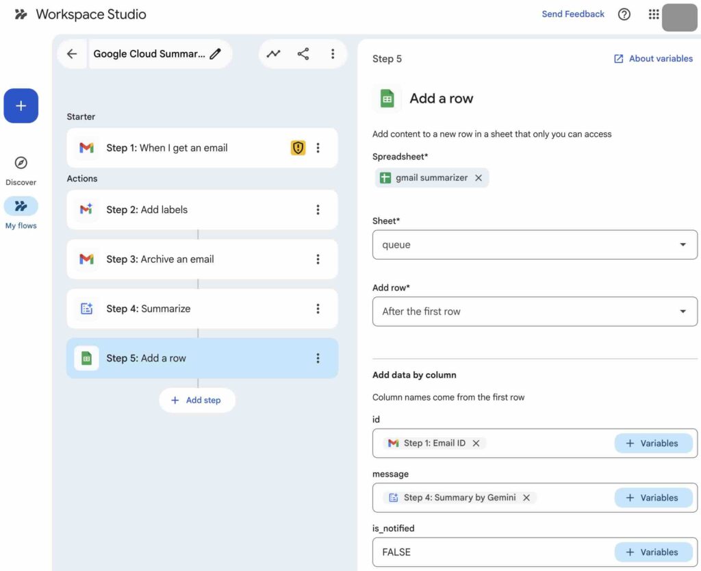 workspace studio add a row step